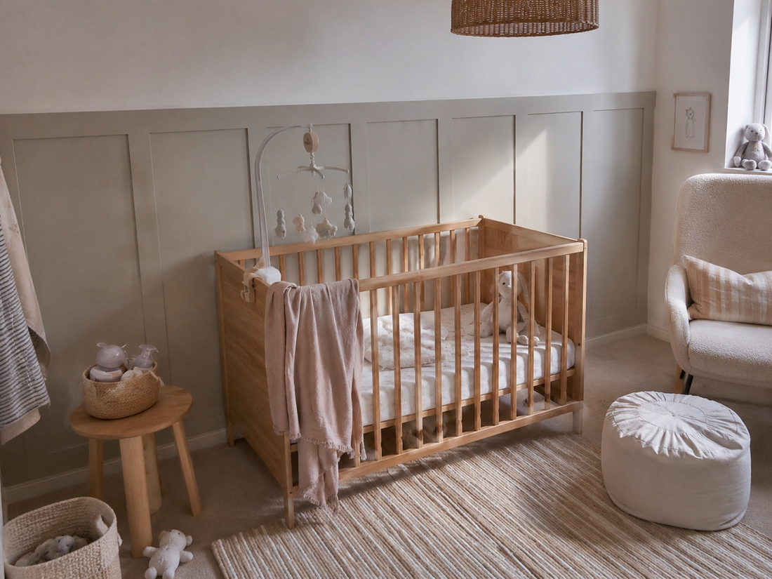 Neutral nursery with wood cot and panelled wall painted in a soft sage tone
